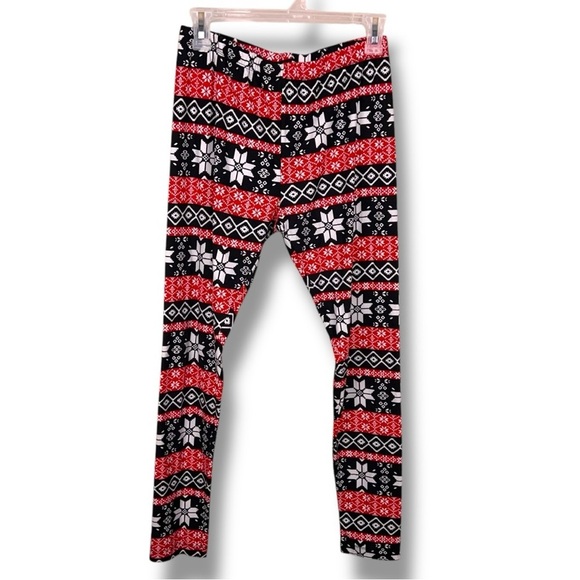 Large Juniors Nordic Winter Festive Leggings Black Red White Holiday Fair Isle - Picture 1 of 13
